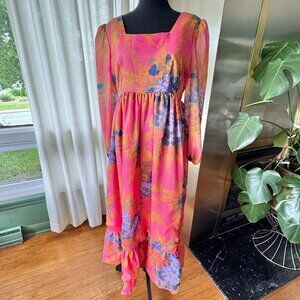 Vintage 1970s maxi dress, bright pink, orange, blue floral, long bishop sleeves
